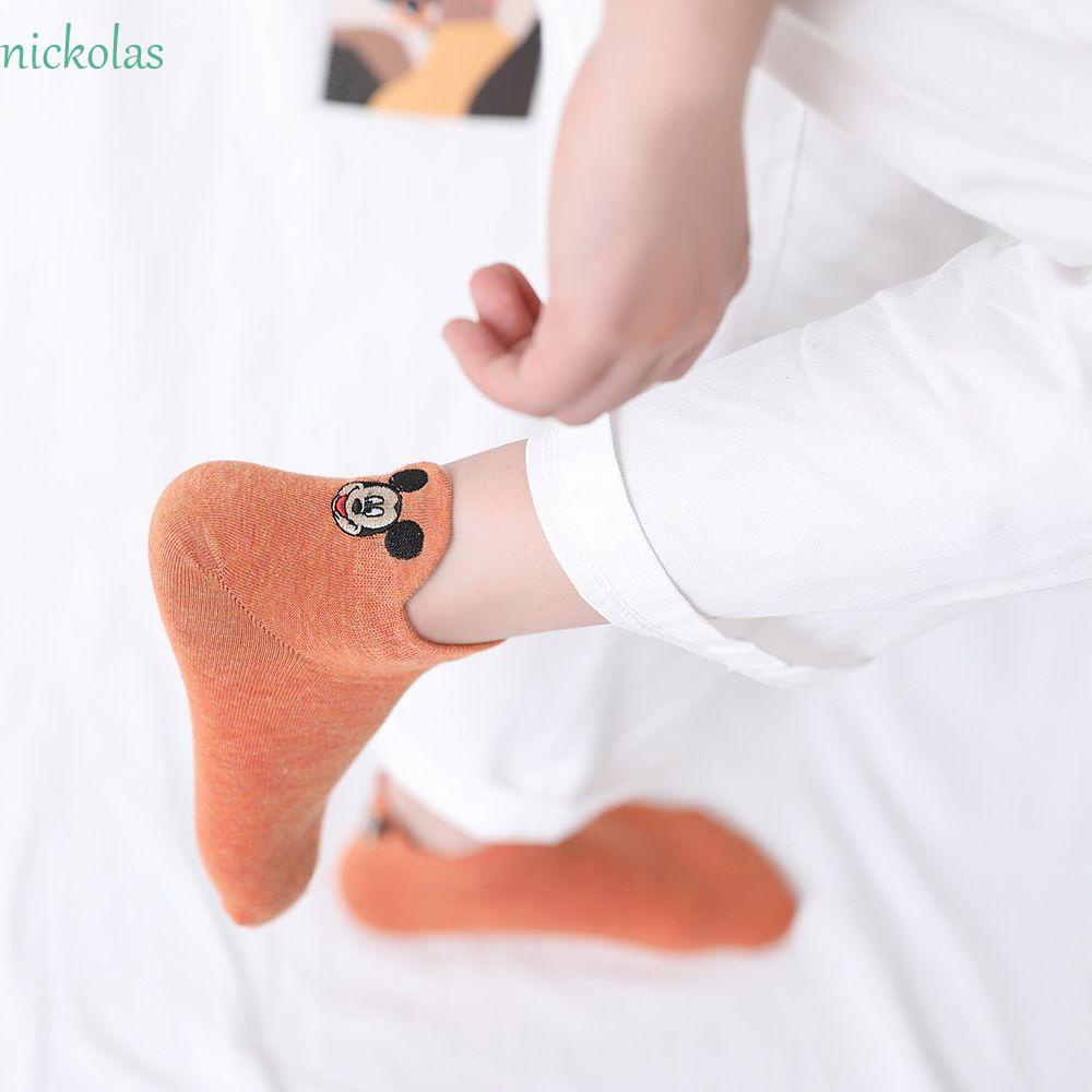 Vớ Cotton Cổ Cao Đến Mắt Cá Màu Trơn In Họa Tiết Chuột Mickey Hoạt Hình Vui Nhộn Cho Nữ