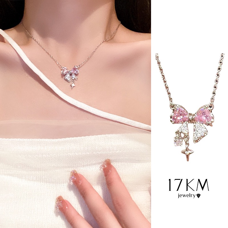 Vòng cổ Mạ Bạc 17KM Mặt Nơ Đính Đá Zircon Hồng Ngọt Ngào