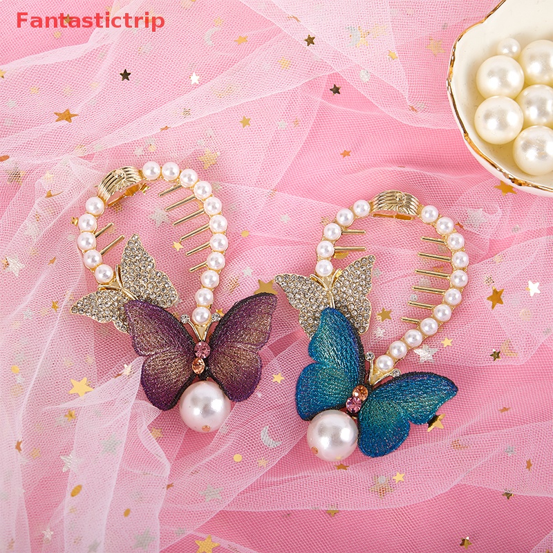 Kẹp Tóc Càng Cua Thêu Hình Bướm Đính Đá &amp; Ngọc Trai Cho Nữ