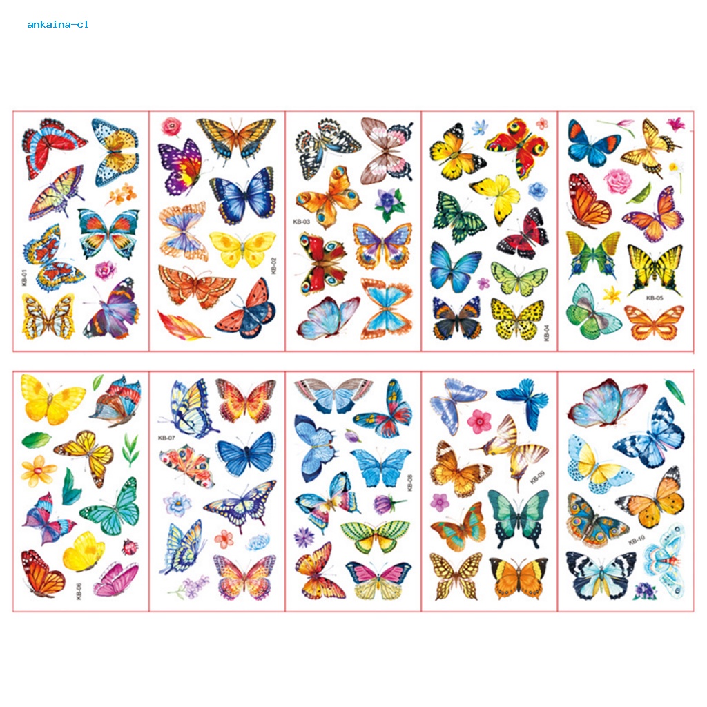 Set 10 Miếng Dán Hình Xăm Tạm Thời Họa Tiết Bướm Nhiều Màu Dễ Thương Vui Nhộn