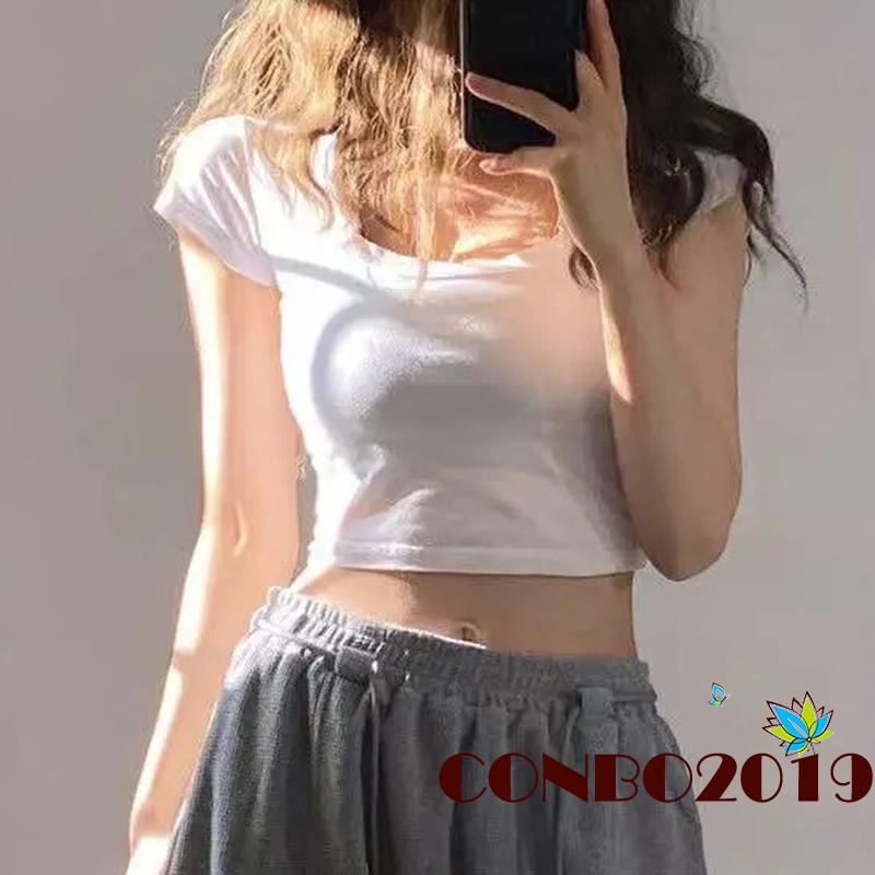 Áo Thun Croptop Tay Ngắn Cổ Chữ U Dáng Ôm Thời Trang Mùa Hè Cho Nữ