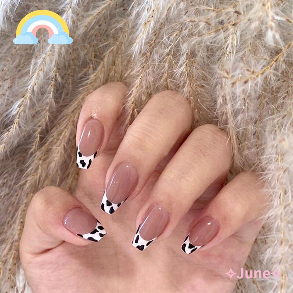 JUNE Bộ 24 Móng Tay Giả Che Phủ Toàn Diện Tháo Rời Được Họa Tiết Da Báo Múa Ba Lê