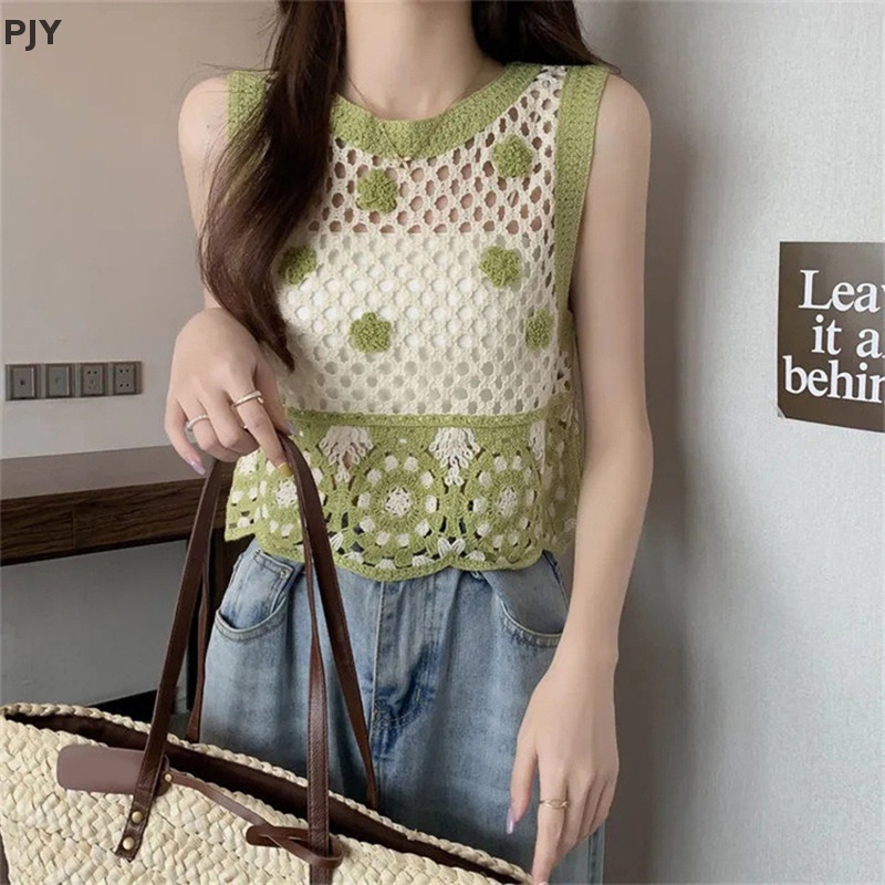 Áo Crop Top Dệt Kim Không Tay Cổ Tròn Thêu Hoa Khoét Rỗng Kiểu Retro Thời Trang Mùa Hè Cho Bạn Gái PJ