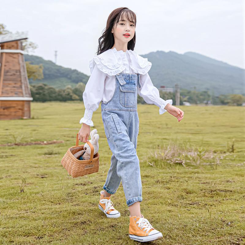 Bộ Áo Sơ Mi Phối Quần Yếm Denim Thời Trang Mới 2023 Cho Bé Gái 5-6 - 7-8 - 9-10 - 11-12 - 13-14 Tuổi