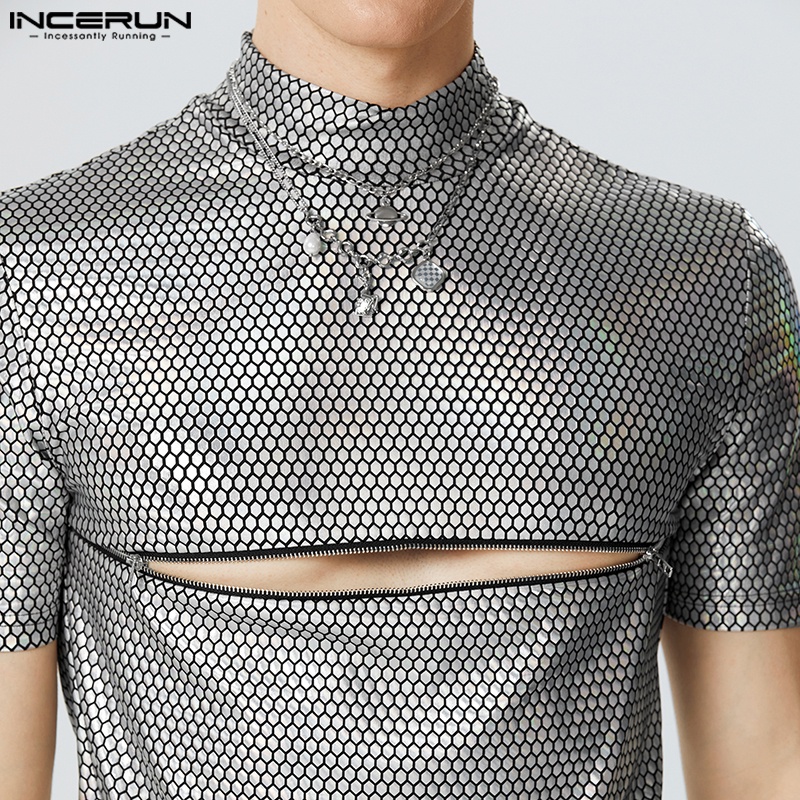 INCERUN Áo Thun Tay Ngắn Cổ Cao Phối Khóa Kéo Thời Trang Cá Tính Cho Nam