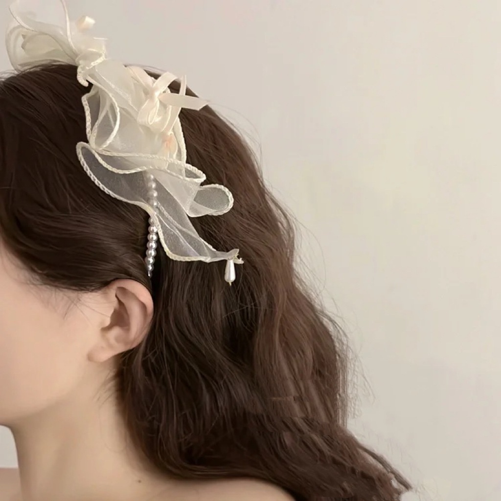 Băng Đô Cài Tóc Đính Nơ Lưới Màu Trắng Thời Trang Cao Cấp Cho Nữ