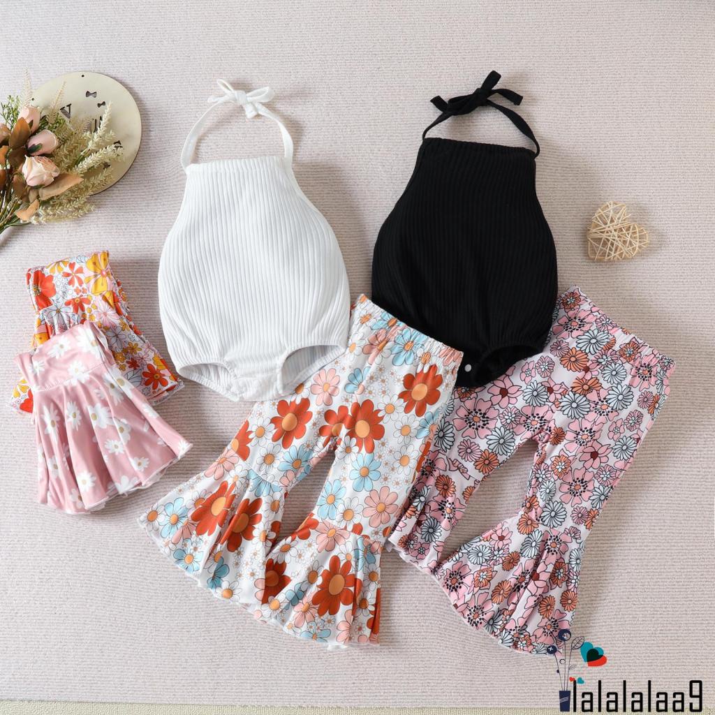 La-baby Bộ Áo Liền Quần Cổ Yếm Hở Lưng + Quần Dài Ống Loe In Hoa Màu Trơn Thời Trang Mùa Hè Cho Bé Gái