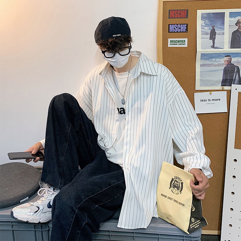 Áo Sơ Mi Nam Dài Tay Dáng Rộng Họa Tiết Kẻ Sọc Phong Cách Hong Kong Nhật Bản Thời Trang Mùa Hè