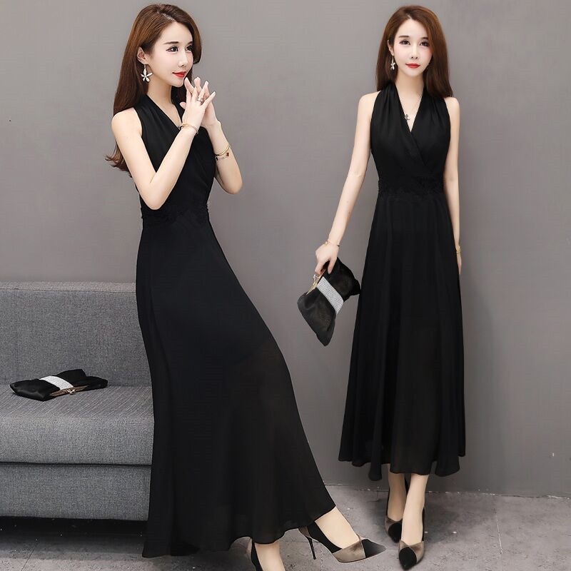 Đầm Dài Qua Gối Ngắn Tay Hở Vai In Hoa Màu Đen Gợi Cảm Cho Nữ Cỡ M-3xl