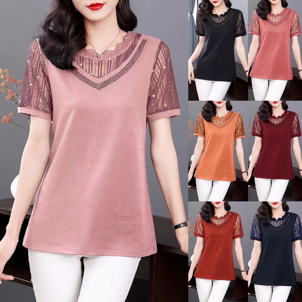 Áo Thun Tay Ngắn Phối Lưới 6 Màu Plus Size Cho Nữ