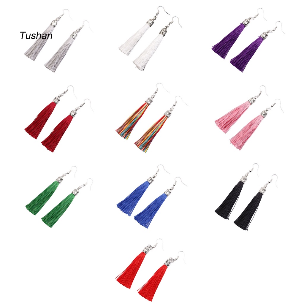 1 Đôi Bông Tai Thiết Kế Móc Tua Rua Phong Cách Bohemian