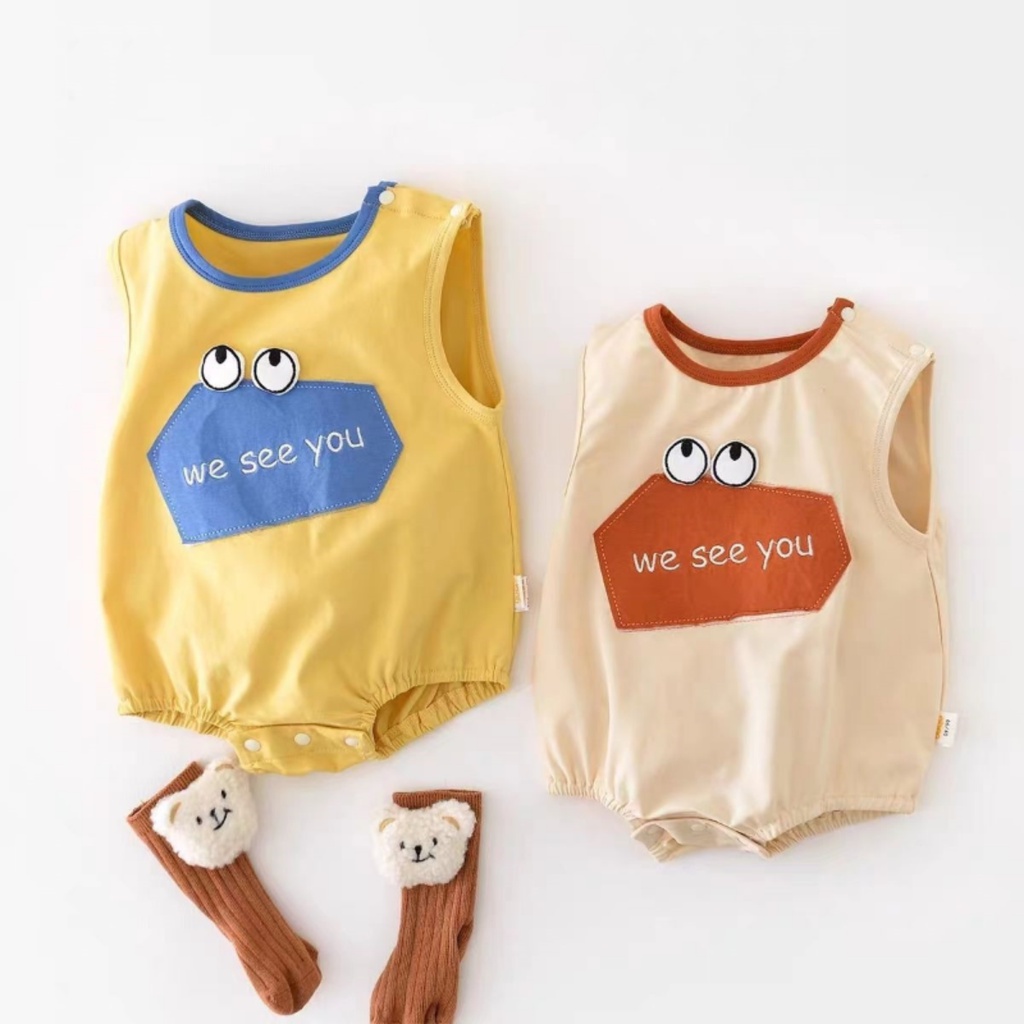 Áo Liền Quần Sát Nách Bằng Vải Cotton In Họa Tiết Hoạt Hình Và Chữ Thời Trang Mùa Hè Cho Bé Trai Và Gái 0-2 Tuổi