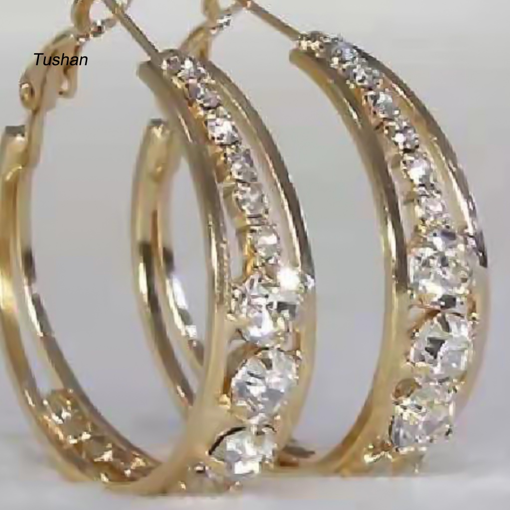 Bông Tai Tròn Bằng Hợp Kim Dát Đá Lấp Lánh Dành Cho Tiệc Cưới