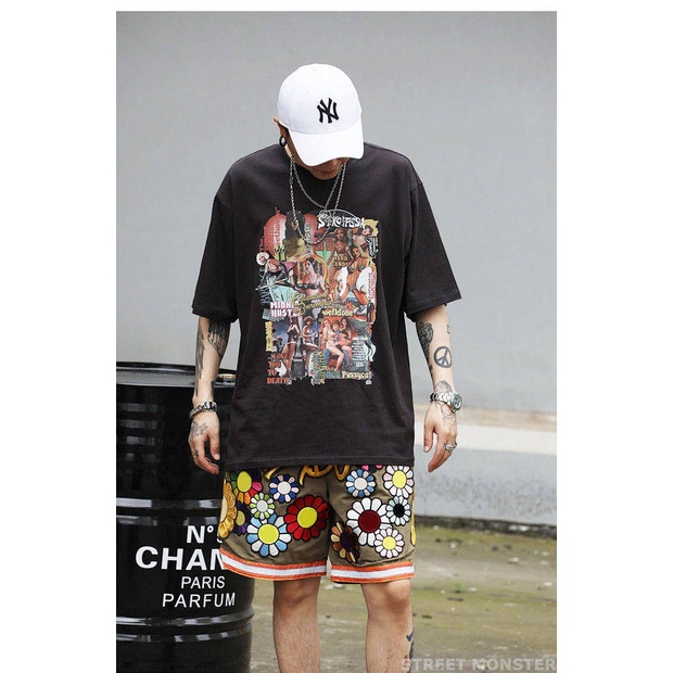 Fashionable New Embroidered Gold Thread SUNFLOWER Shorts Men's Loose Cargo Sports Pants Thin and All-Matching Shorts GRoa