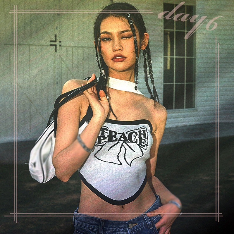 Áo Croptop In Chữ Thắt Nơ Phong Cách Retro Mỹ Cho Nữ