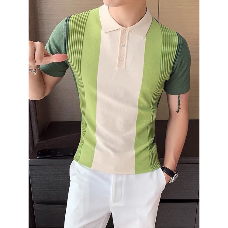 Áo Thun polo Ngắn Tay Vải Lụa Lạnh Mỏng Dáng Ôm Phối Màu Tương Phản Thời Trang Mùa Hè 2023 Cho Nam