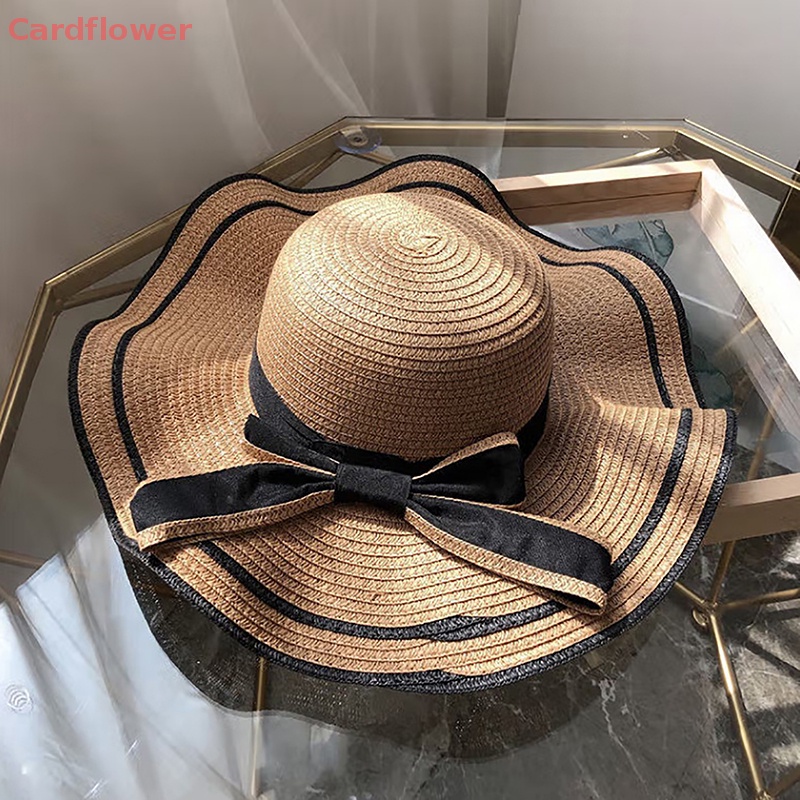 < Cardflower > Mũ Cói Che Nắng Đi Biển Mùa Hè Phối Nơ Gợn Sóng Đôi Thời Trang Mới