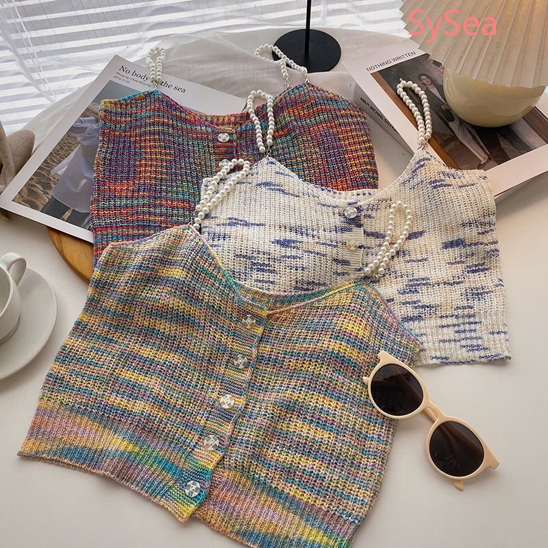 Áo Dệt Kim Hai Dây Ôm Dáng Đính Ngọc Trai Phong Cách Hàn Quốc