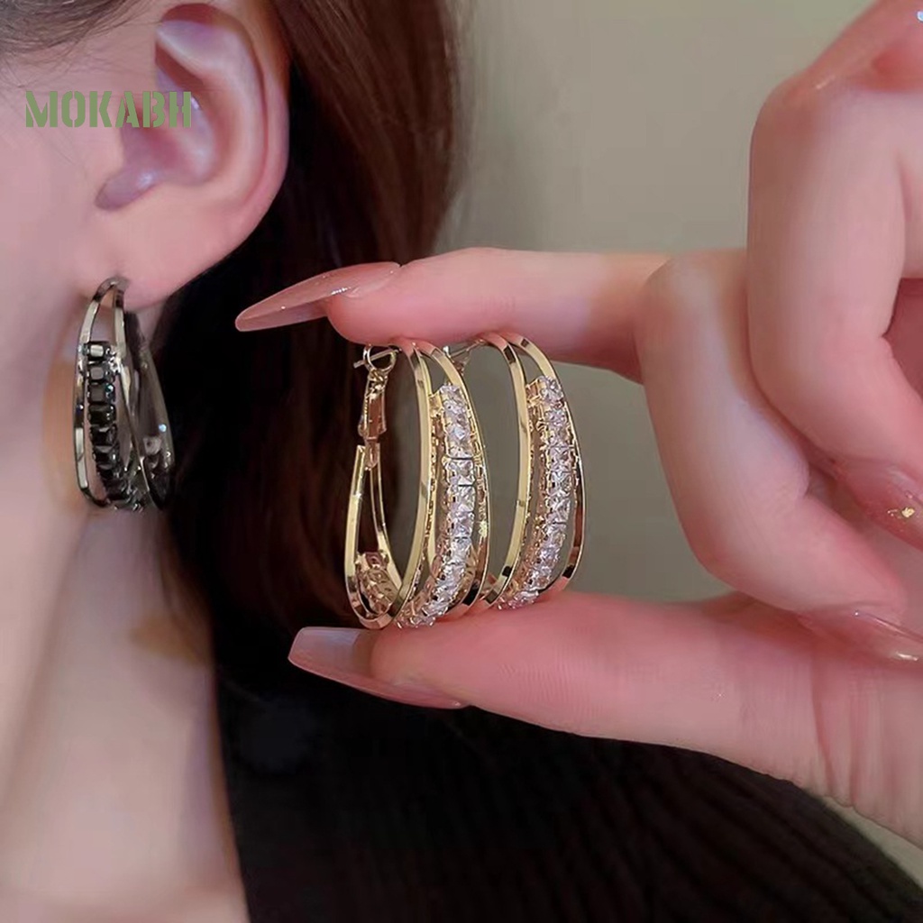 1 Đôi Bông Tai Tròn Hai Lớp Đính Đá Zircon Thời Trang