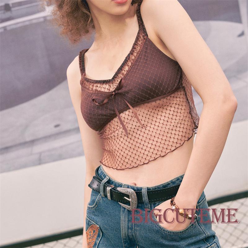 Áo Croptop Không Tay Cổ Chữ V Họa Tiết Chấm Bi Phối Ren Thời Trang Mùa Hè Cho Nữ