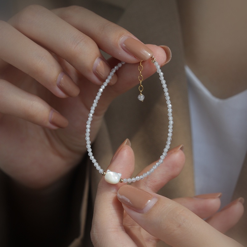 Vòng Tay Pha Lê Vỏ Sò Tự Nhiên Màu Trắng / Đen Hình Đầu Mèo Dễ Thương Cho Cặp Đôi