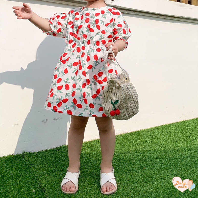 Đầm Công Chúa Chất Liệu Cotton Tay Ngắn In Hình Quả Cherry Dễ Thương Thời Trang Mùa Hè Cho Bé Gái