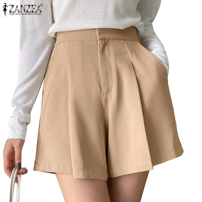ZANZEA Quần Short Lưng Cao Xếp Ly Có Túi Bên Hông Phong Cách Hàn Quốc Đơn Giản Dễ Phối Đồ Cho Nữ