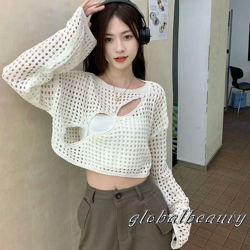 Áo Thun Dệt Kim Tay Dài Cổ Tròn Dáng Rộng Khoét Lỗ Thời Trang Cho Nữ