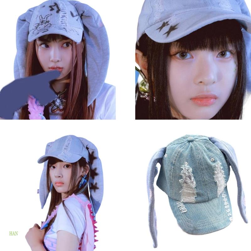Mũ Lưỡi Trai Denim Chống Nắng Đính Tai Thỏ Y2k Dễ Thương Cho Nữ