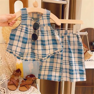 Bộ Đồ Thể Thao Hai Mảnh Áo Tay Cộc In Caro Thời Trang Mùa Hè Hàn Quốc Cho Bé Gái