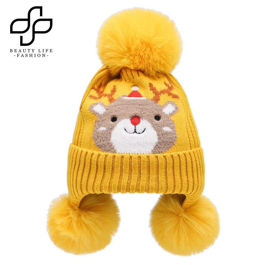 Nón Beanie Họa Tiết Thú Hoạt Hình Trang Trí Bóng Lông Cho Bé