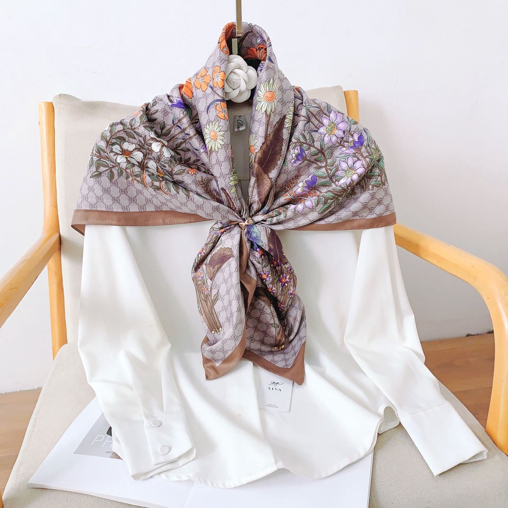 Khăn Quàng Cổ Lụa Hình Vuông Cỡ Lớn 90 * 90cm Chống Nắng Mùa Hè Dễ Phối Đồ In Họa Tiết Hoa Cho Nữ