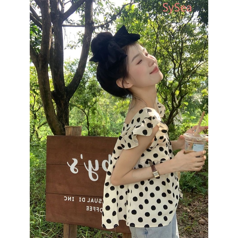 Áo Kiểu Tay Phồng Cổ Vuông Họa Tiết Chấm Bi Phong Cách Pháp