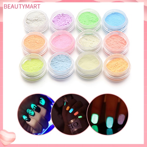 Bộ 12 Hộp Bột Dạ Quang Lấp Lánh Dùng Trang Trí Móng Tay Nghệ Thuật DIY