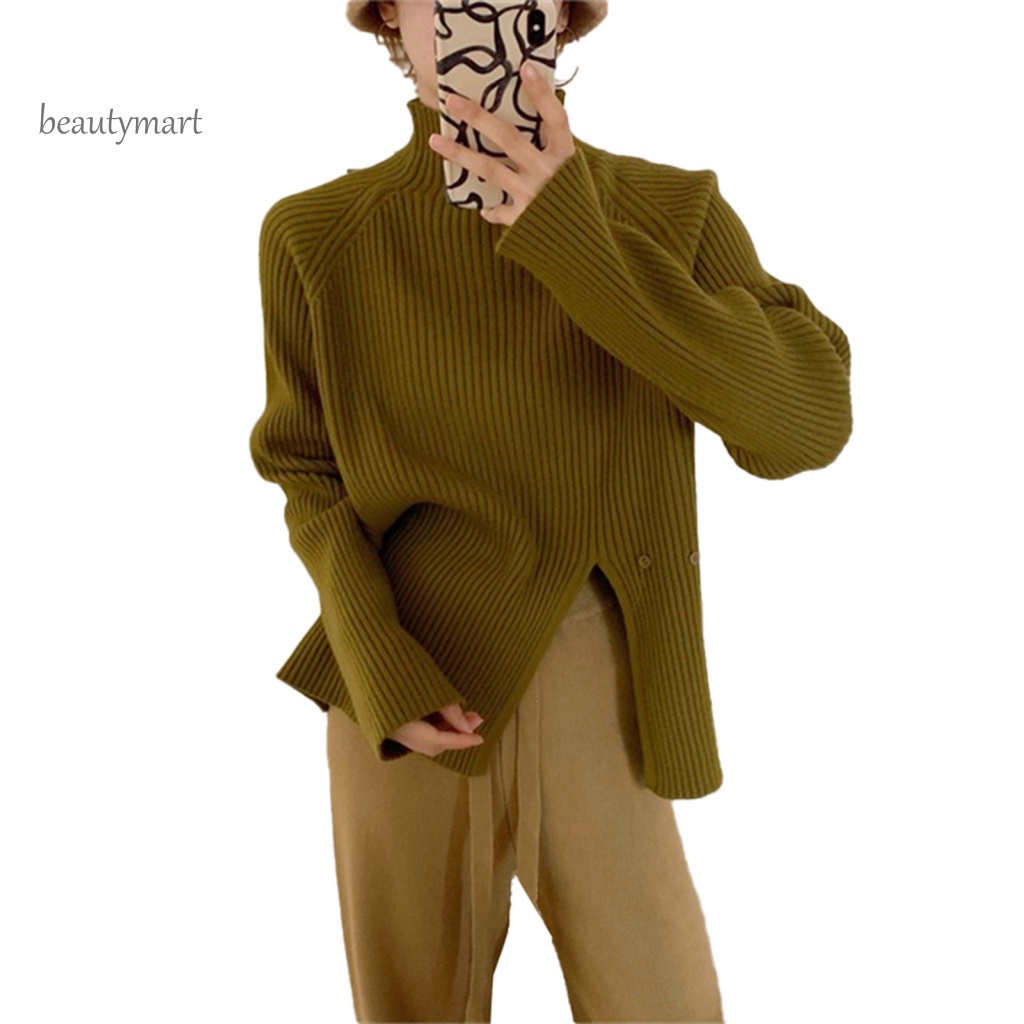 Áo Sweater Cổ Lọ Tay Dài Dáng Rộng Màu Sắc Đơn Giản Thiết Kế Xẻ Tà Thời Trang Mùa Đông Cho Nữ beautymartm1