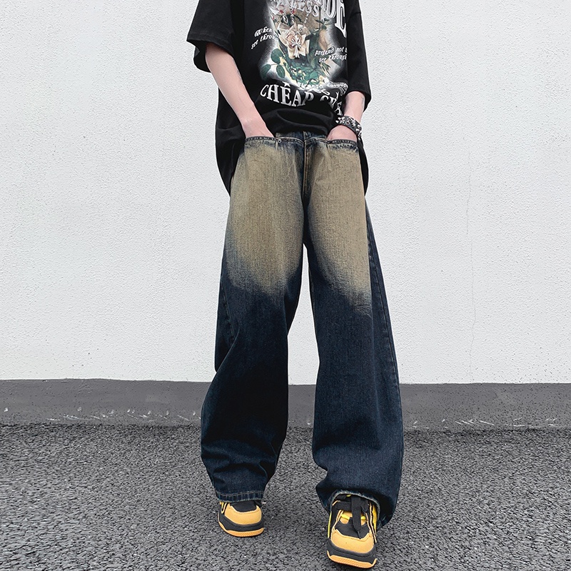 Quần Jean Dài Ống Rộng Phong Cách Retro Đường Phố Mỹ Cá Tính Cho Nam