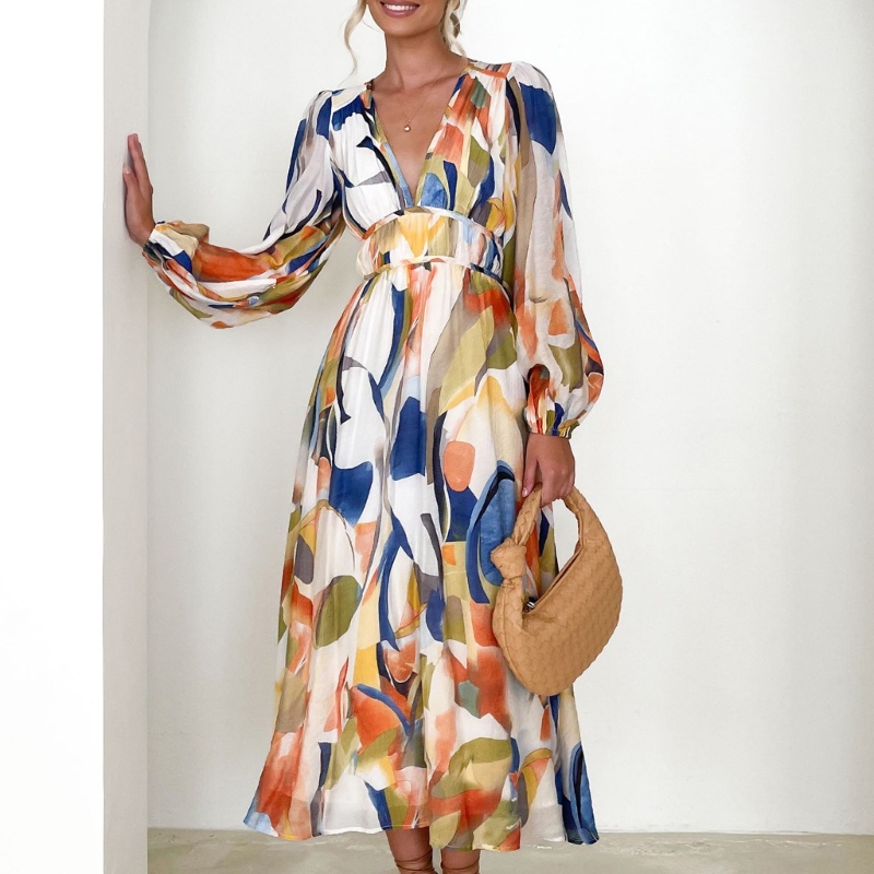 Đầm Dài Tay Phồng Cổ Chữ V In Hoa Thời Trang Mùa Hè Thanh Lịch Dành Cho Nữ