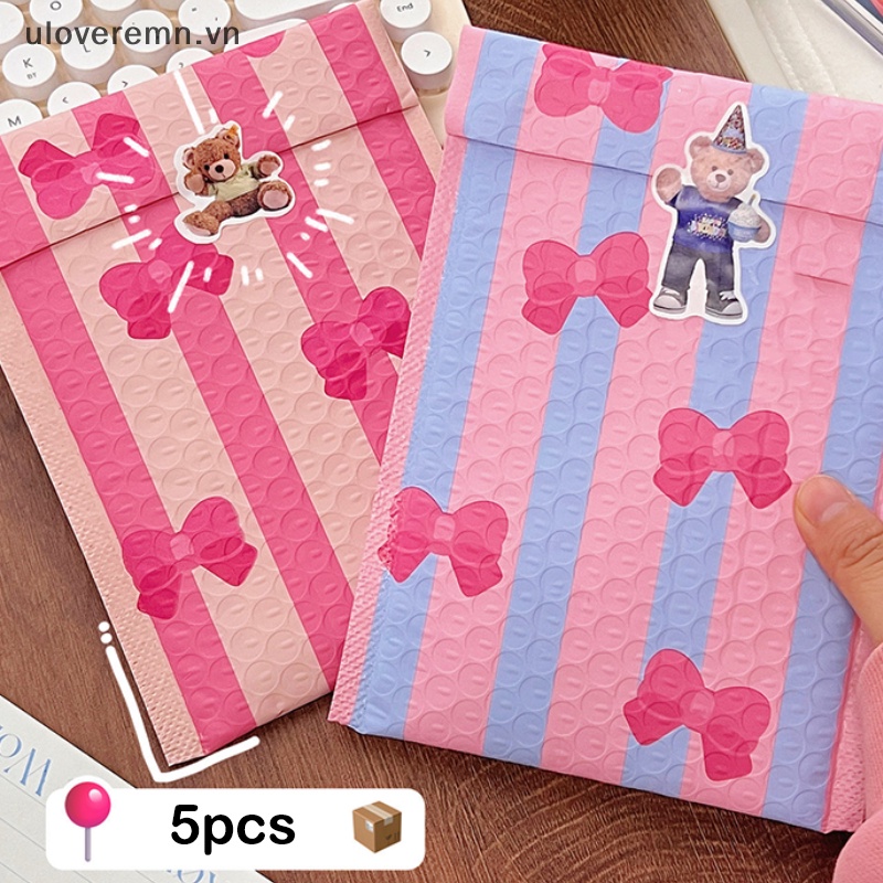 Uloveremn Set 5 Túi Bong Bóng PE Đóng Gói Quà Chống Thấm Nước Màu Hồng Xanh Dương Đính Nơ Dễ Thương