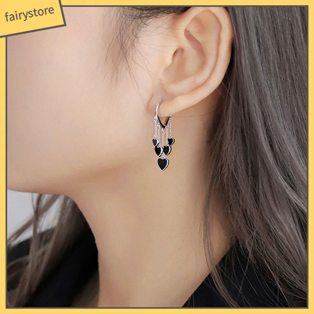 1 Đôi Bông Tai Tua Rua Hình Trái Tim Màu Đen Mạ Điện Thời Trang Cho Nữ