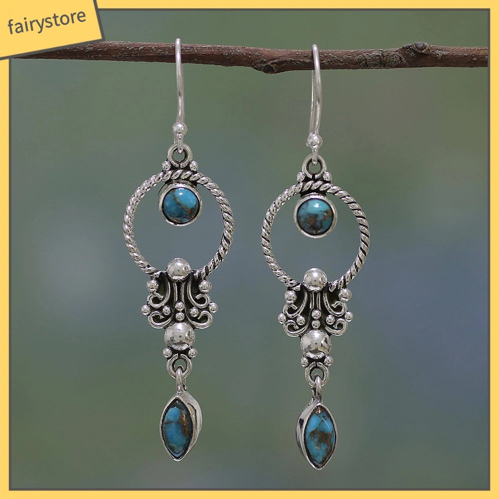 Bông Tai Đính Đá Ngọc Lam Giả Thiết Kế Móc Treo Phong Cách Vintage Dành Cho Nữ