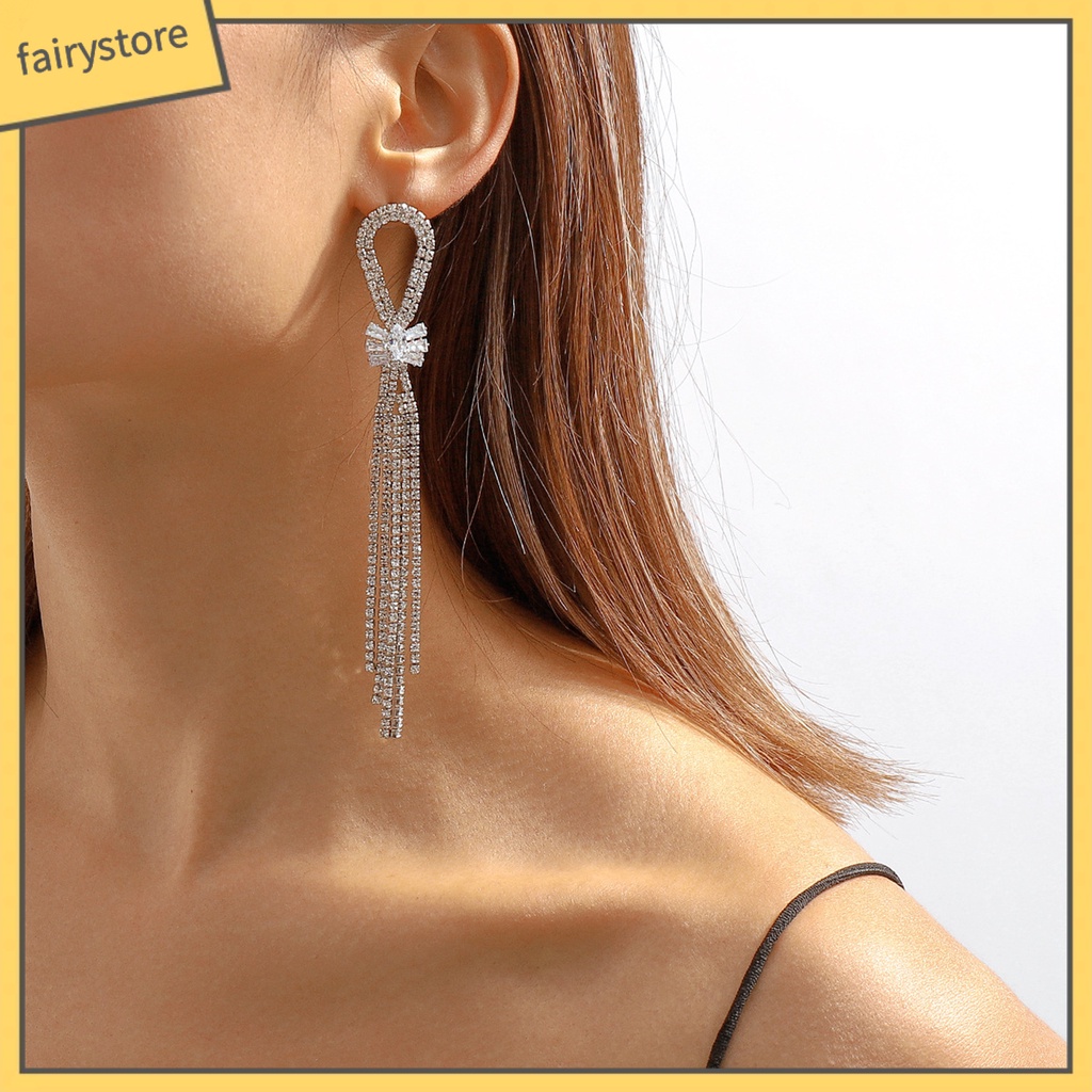 1 Đôi Bông Tai Tua Rua Dài Đính Đá Lấp Lánh Thời Trang