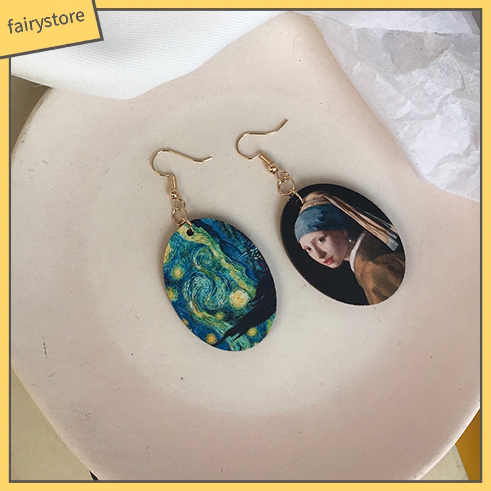 [FRO] Khuyên Tai Móc Bằng Gỗ Tráng Men Họa Tiết Tranh Sơn Dầu Không Đối Xứng Nich