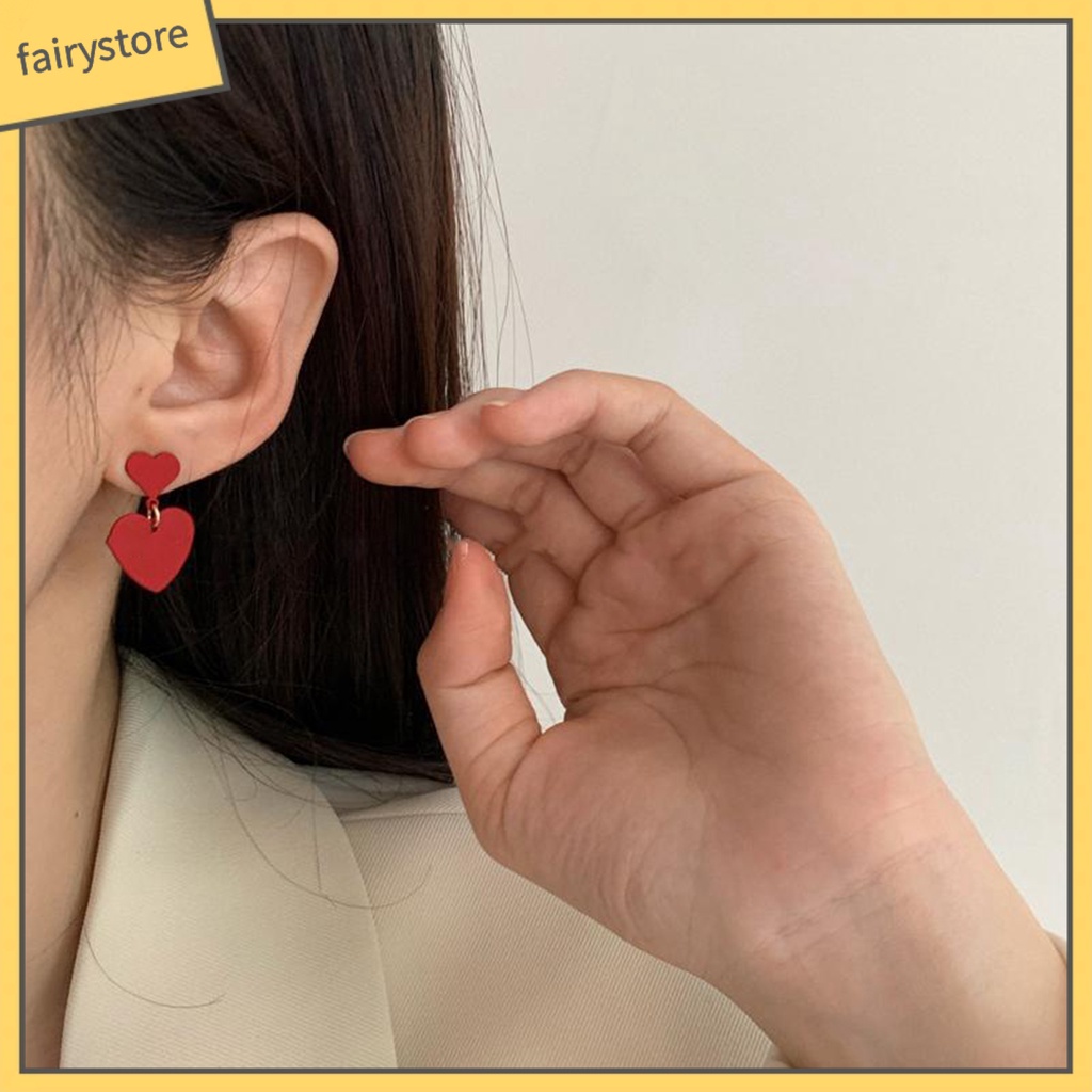 1 Đôi Bông Tai Hình Trái Tim Dáng Dài Hai Lớp Chống Mài Mòn Thời Trang Công Sở