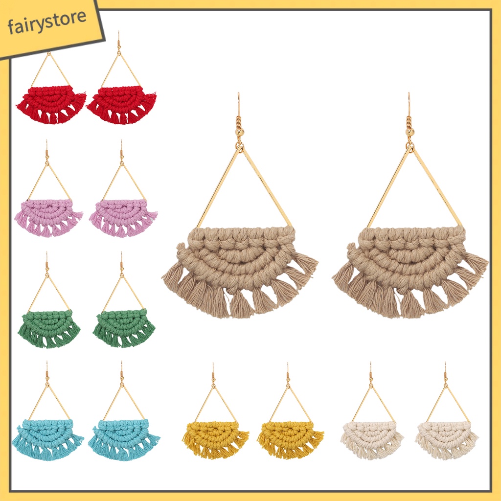 [FRO] 1 Đôi Bông Tai Móc Tua Rua Bện Khối Lượng Nhẹ Phong Cách Bohemia Đi Biển