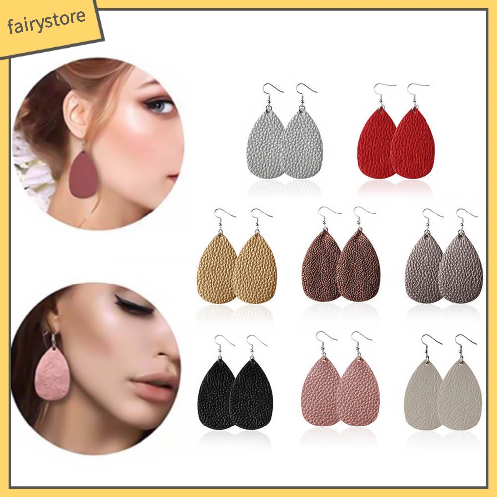 [FRO] Bông Tai Móc Câu Bằng Da Giả Kết Cấu Quả Vải Hình Giọt Nước Cho Nữ