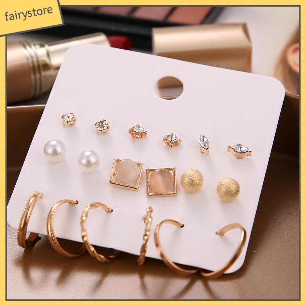 Set 9 Đôi Bông Tai Đính Đá / Ngọc Trai Giả Lấp Lánh Thời Trang Cho Nữ