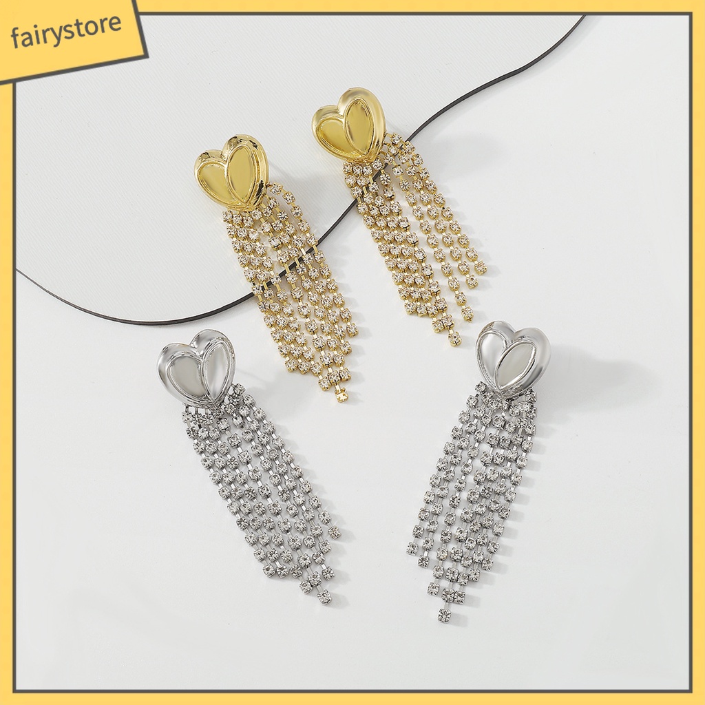 1 Đôi Bông Tai Dài Tua Rua Hình Trái Tim Đính Đá Kiểu Pháp