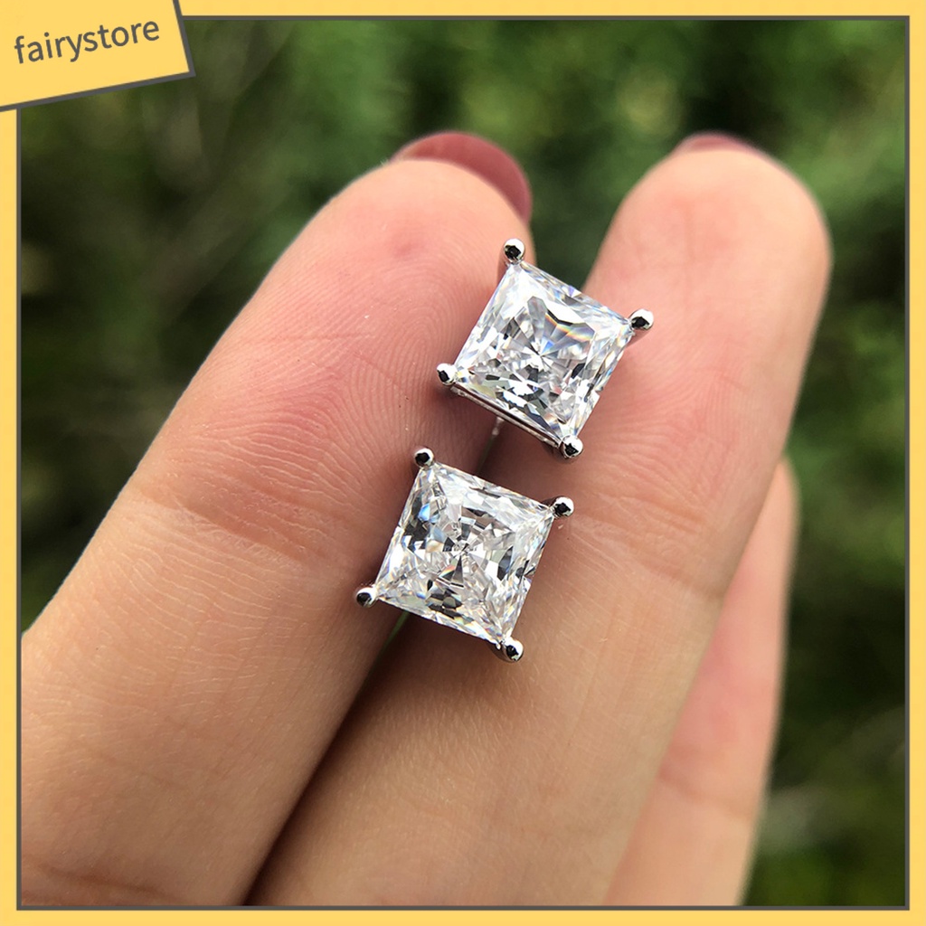 1 Đôi Bông Tai Mạ Bạc Đính Đá Zircon Hình Vuông Thanh Lịch Dành Cho Nữ