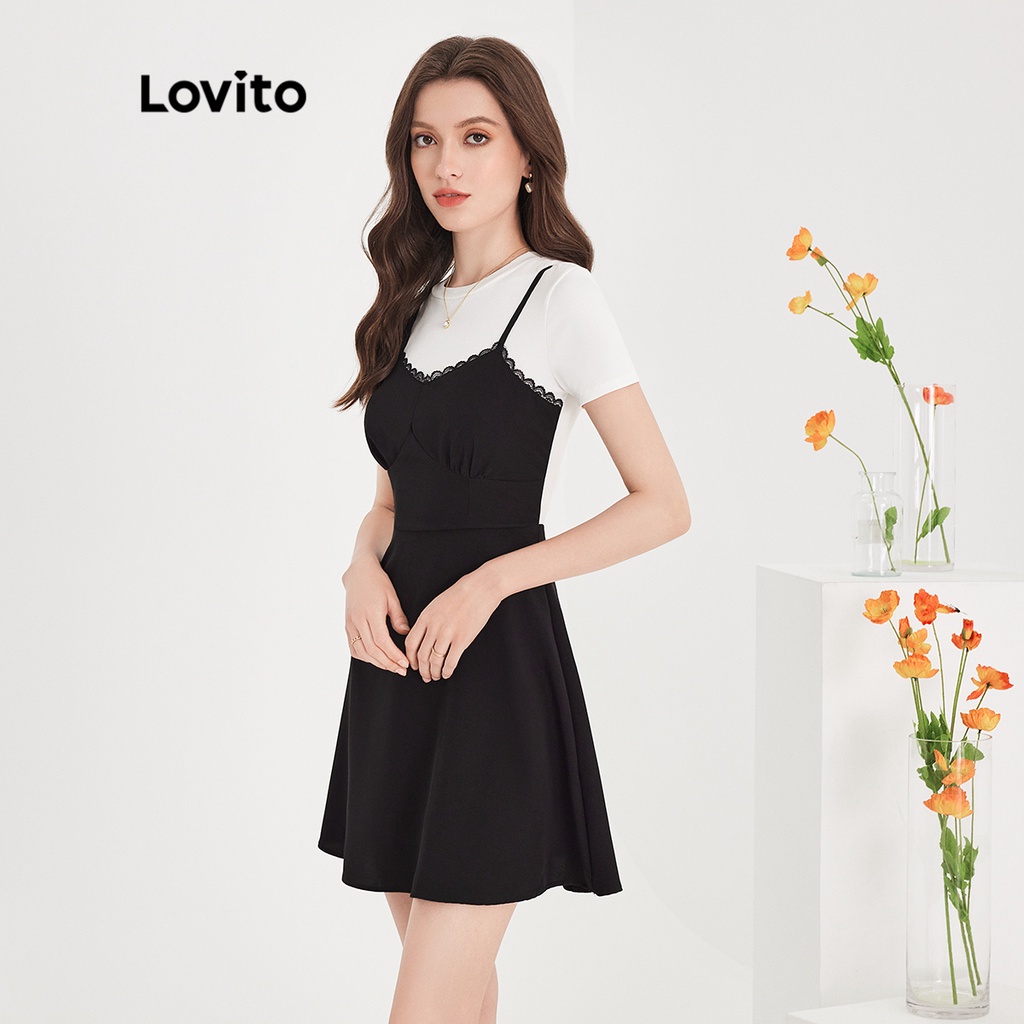 Đầm mini Lovito kiểu chữ A tay ngắn cổ tròn ghép nối màu trơn thường ngày cho nữ L51ED120 (Màu đen và trắng)