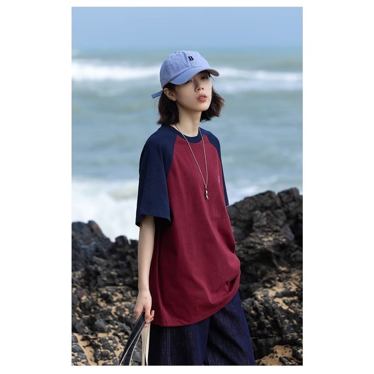 Áo Thun Raglan Tay Ngắn Dáng Rộng Màu Sắc Tương Phản Thời Trang Dành Cho Cặp Đôi